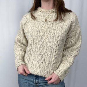 Vintage Aran Crafts Irish Cable Knit Oversized Wool Speckled Fishermans Sweater